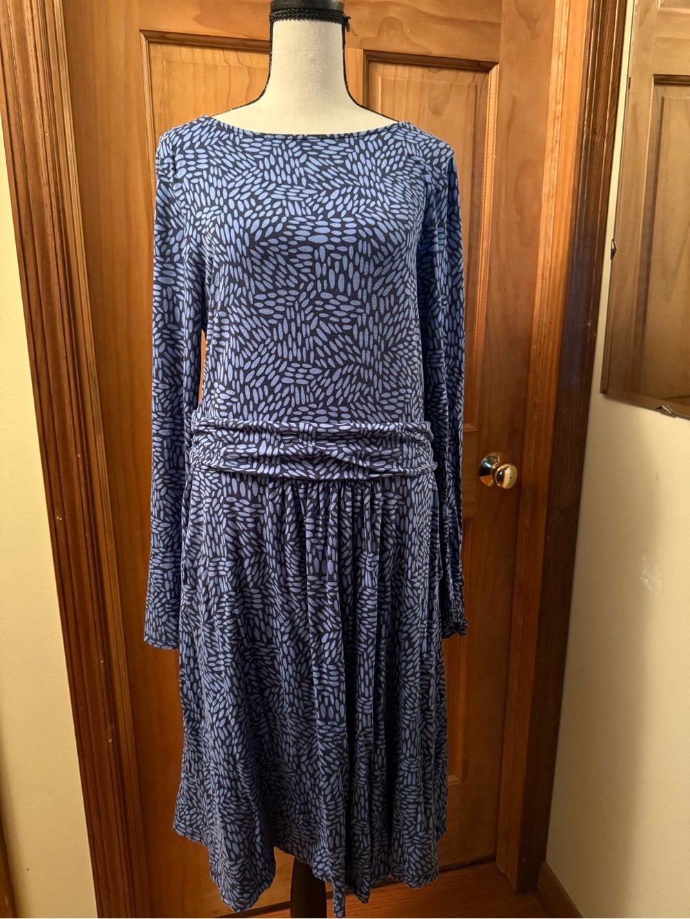 Blue Patterned Long-Sleeve Women's Dress